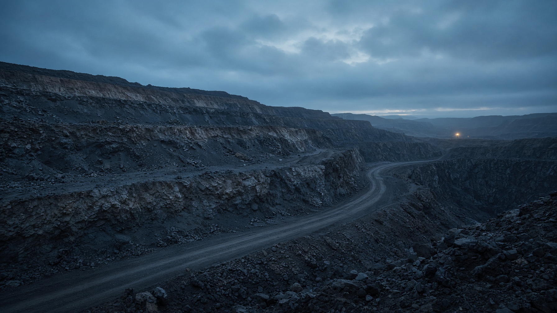 An open-pit mine at dusk, terraced rock and a haul road, no people close to the camera.