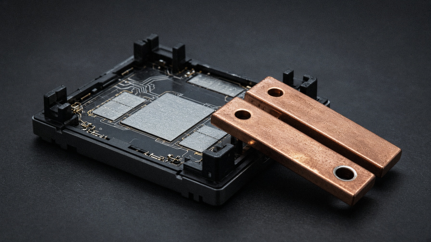 A power module on a dark bench, silver joints beside copper bus bars.