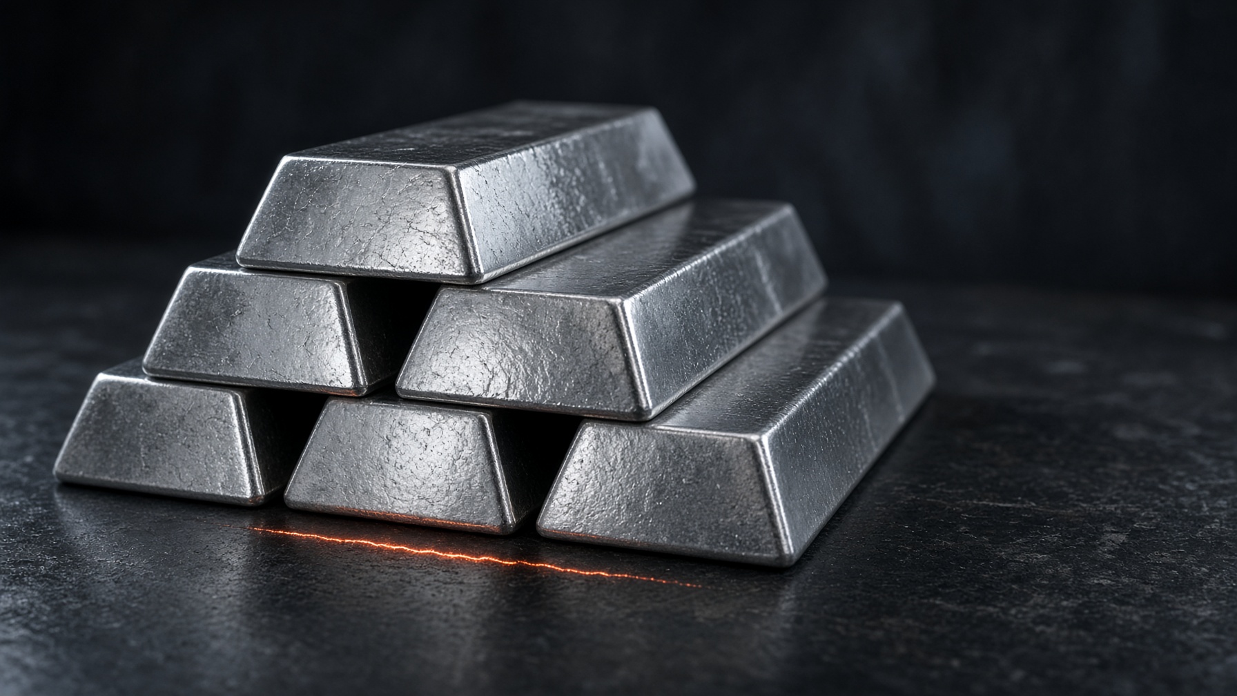 Stacked refined silver bars on a dark steel table, one edge catching a warm light.