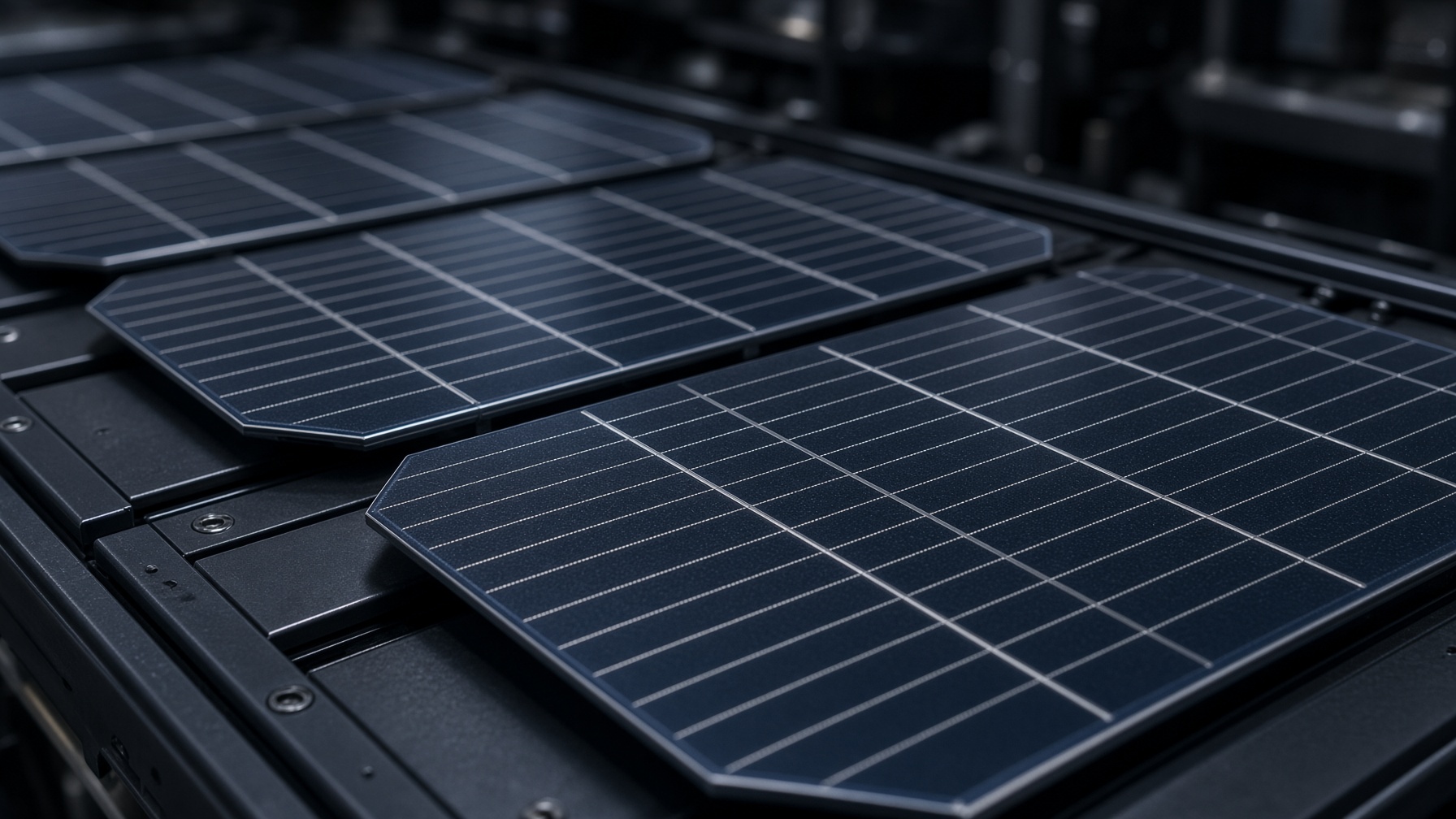 Silicon solar wafers with fine silver grid lines under factory light.